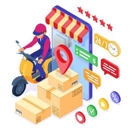 fast and free online order and package delivery service. fast shipping goods in box. isometric courier with scooter delivery man on moped. rating online order on phone. isometric vector illustrationのイラスト素材