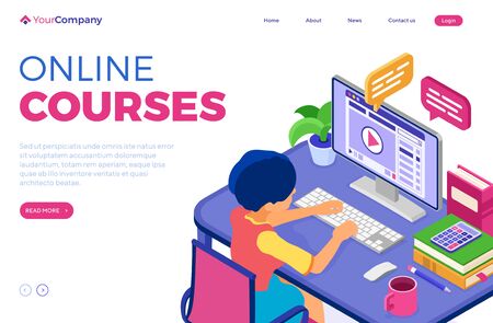 Online education or distance exam with isometric character internet course e-learning from home girl online studying on computer with video course isometric education landing page vector illustrationのイラスト素材