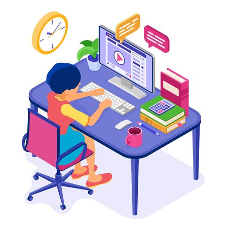 Online education or distance exam with isometric character internet course e-learning from home girl online studying on computer with video course isometric education concept vector illustrationのイラスト素材