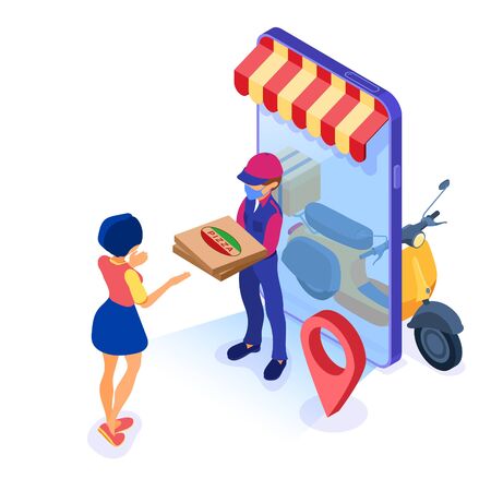 online food order and package delivery service food shipping isometric courier in mask pandemic quarantine protection covid-19 with pizza and scooter girl receives order isometric vector illustrationのイラスト素材