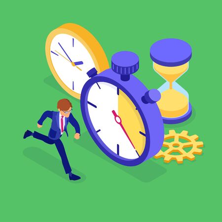 Planning schedule time management with stopwatch clock and hourglass businessman trying catch everything before deadline time isometric infographics business isolated vector illustrationのイラスト素材