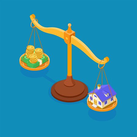 Sale purchase rent mortgage house isometric concept for landing advertising with home and money choice on scales invests money in real estate. isolated vector illustrationのイラスト素材