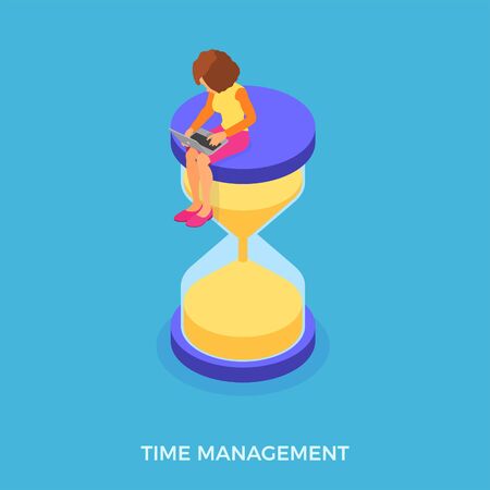 time management planning education from home with girl working on laptop and hourglass deadline time isometric infographics business isolated vector illustrationのイラスト素材
