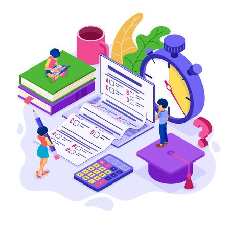 Online education or distance exam test with isometric character internet course e-learning from home girl and boy examing and test on laptop with stopwatch isometric education vector illustrationのイラスト素材