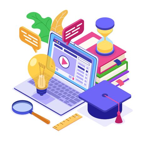 Online education or distance exam internet course e-learning from home online studying on laptop with book library light bulb hourglass isometric education concept isolated vector illustrationのイラスト素材