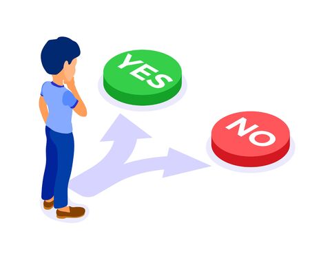 isometric character man makes choice online education or distance exam with yes or no green button isometric examing isolated vector illustrationのイラスト素材