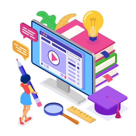 Online education or distance exam with isometric character internet course e-learning from home girl online studying on computer isometric education concept isolated vector illustrationのイラスト素材