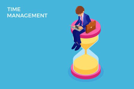 time management planning schedule from home with business man working on laptop with briefcase and hourglass deadline time isometric infographics business isolated vector illustrationのイラスト素材