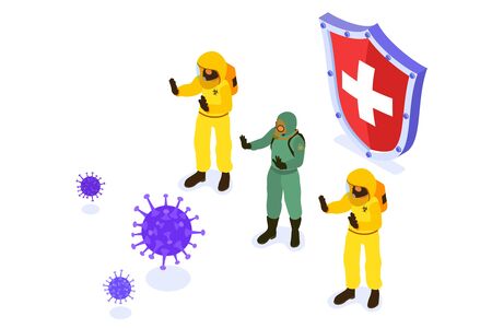Covid-19 Coronavirus. Doctors in chemical protective clothing coverall and gas masks stop coronavirus with medical shield. quarantine from pandemic covid-19 outbreak. isolated isometric vectorのイラスト素材
