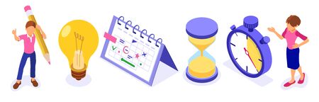 Planning schedule time management and planning work from home with stopwatch picks goals on schedule calendar deadline time isometric infographics business isolated vector illustrationのイラスト素材