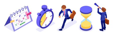 Planning schedule time management with stopwatch schedule calendar and hourglass businessman with briefcase and spyglass for new opportunities. deadline time isometric business isolated vectorのイラスト素材
