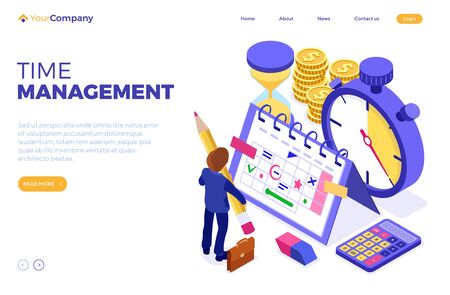 Planning schedule time management businessman planning work from home with stopwatch picks goals on schedule calendar deadline time isometric infographics landing page business isolated vectorのイラスト素材