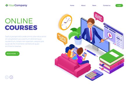 Online education or distance exam with isometric character internet course e-learning from home girl and boy studying on tablet laptop on sofa with teacher landing page template isolated vectorのイラスト素材