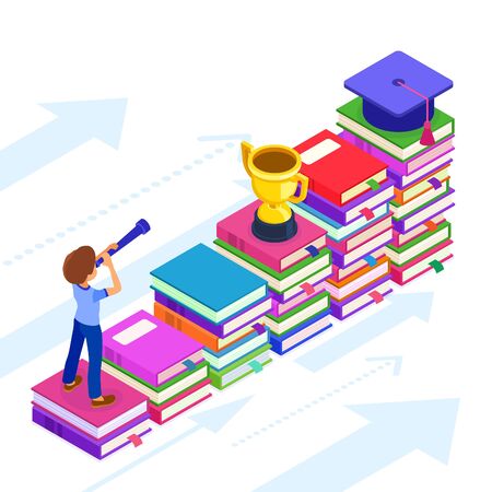 education or business success. isometric student or businessman standing on books and looking through telescope new opportunities learning graduate goals achievements. education power, new horizonsのイラスト素材