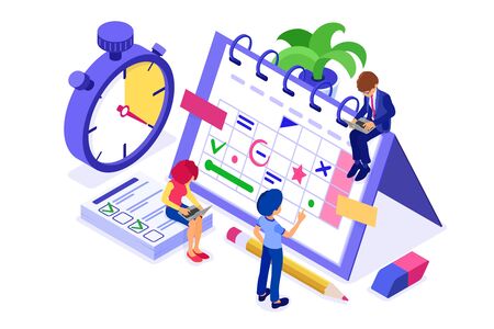 Planning schedule time management businessman planning work from home with stopwatch picks goals on schedule calendar deadline time isometric infographics business isolated vector illustrationのイラスト素材