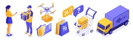 Isometric online shopping delivery logistics concept. delivery goods drone truck cart deliveryman with gift. girl pays for goods by credit card. 24h internet shopping. isolated vector illustrationのイラスト素材