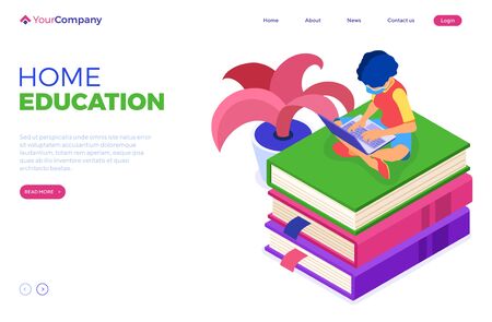 Online education or distance exam with isometric character internet course from home girl in mask pandemic quarantine protection covid-19 online studying on book with laptop landing page isolatedのイラスト素材