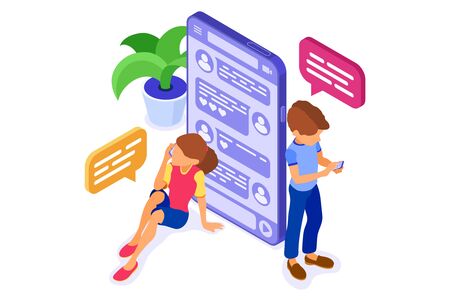 isometric guy and girl chat in social networks send messages photos videos call using smartphone. Online dating friendship virtual relationships. teenagers are dependent new Internet technologiesのイラスト素材