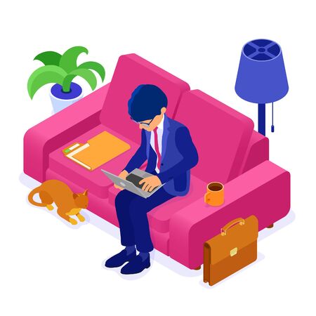 businessman working remotely from home. man sits at sofa and working on laptop. manager convened an online meeting. isometric characters. stay home covid-19 coronavirus. isolated vector illustrationのイラスト素材