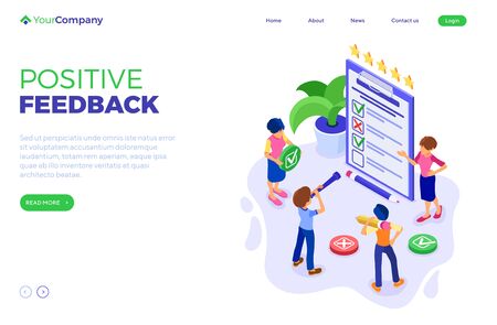 Survey Positive Feedback or test banner with isometric characters. feedback rating. man and woman questionnaire form on clipboard. survey research. landing page isolated isometric vector illustrationのイラスト素材