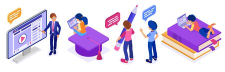 Online education or distance exam with isometric character internet course e-learning from home girl and boy studying on laptop computer with teacher isometric education isolated vector illustrationのイラスト素材