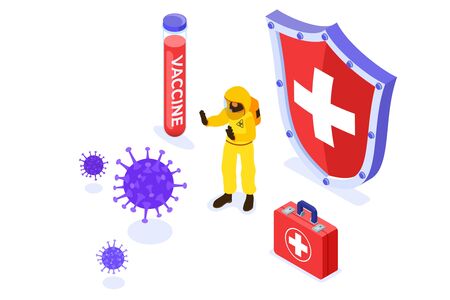 Covid-19 Coronavirus Doctor in chemical protective clothing coverall and gas masks stop coronavirus with medical shield and vaccine quarantine from pandemic covid-19 outbreak isolated isometric vectorのイラスト素材