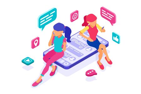 isometric friends girls chat in social networks send messages photos selfie call using smartphone. Online dating friendship virtual relationships. teenagers are dependent new Internet technologiesのイラスト素材