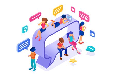 isometric guy and girl chat in social networks on speech bubble send messages photo selfie call using laptop and phone. Online dating friendship love virtual relationships vector internet technologiesのイラスト素材