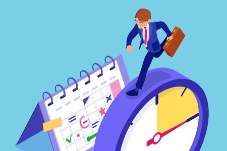 Planning schedule time management with stopwatch schedule calendar and businessman with briefcase in hurry before deadline time isometric infographics business isolated vector illustrationのイラスト素材