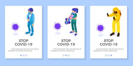 Covid-19 Coronavirus. Doctors in chemical protective clothing coverall and gas masks stop coronavirus. quarantine from pandemic covid-19 outbreak. isolated isometric vector bannerのイラスト素材