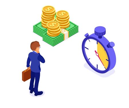 time or money isometric concept character businessman with briefcase makes choice between coins and stopwatch time management isometric isolated vector illustrationのイラスト素材