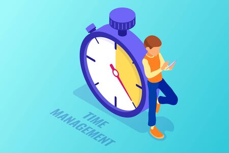 Planning schedule time management with stopwatch and man with tablet before deadline time isometric infographics business isolated vector illustrationのイラスト素材