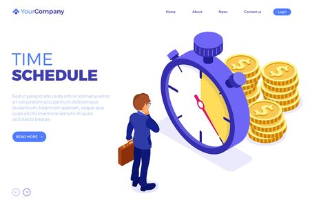 Planning schedule time management with stopwatch money and businessman with briefcase before deadline time. landing page template. isometric infographics business isolated vector illustrationのイラスト素材