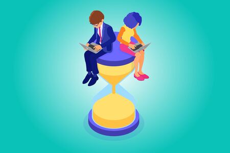 time management planning schedule from home with business man and woman work on laptop and sit on hourglass deadline time isometric infographics business isolated vector illustrationのイラスト素材