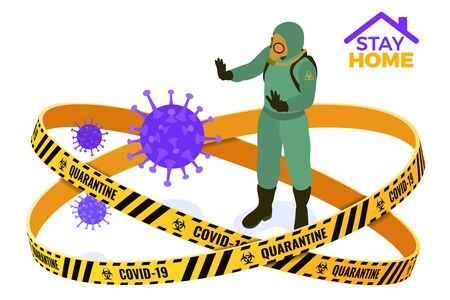 covid-19 Coronavirus quarantine stay home. Doctor in chemical protective clothing coverall and gas masks stop coronavirus. quarantine from pandemic covid-19 outbreak. isolated isometric vectorのイラスト素材