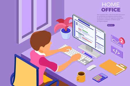 Software engineer developing program. Man sits at computer table and programs in Home Office. Developer creating program. Banner with isometric character. Vector illustrationのイラスト素材