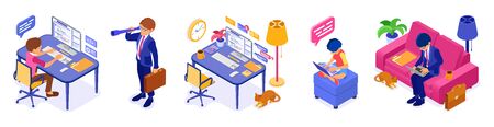 Working remotely from home. Businessman, programmer, woman sits at sofa, at computer table and working on computer at home. Quarantine covid-19 coronavirus. Isometric isolated vector illustrationのイラスト素材