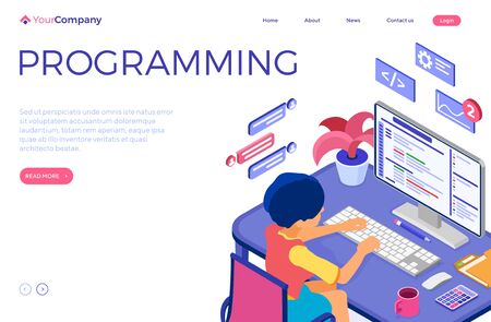 Software engineer developing program. Woman sits at computer table and programs. Developer creating program for online chat website. Landing page with isometric character. Isolated vector illustrationのイラスト素材