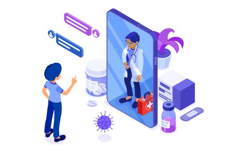 Isometric online medical diagnostics and doctors workplace. Doctor advises patient online about virus with Smartphone. Isolated vector illustrationのイラスト素材