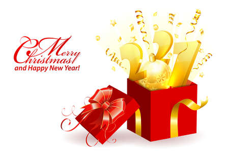 Merry Christmas and Happy New Year Greeting Card. 2021 numbers in Gift Box with streamer, bow and confetti. Isolated vector illustrationのイラスト素材