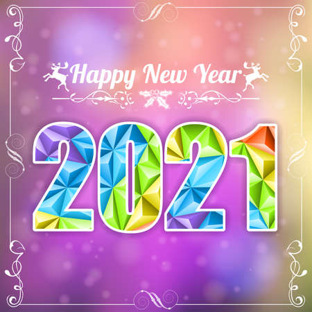 Retro Christmas and New Year Frame with Deer, Triangle pattern 2021 and Calligraphic Ornament on Blurred Bokeh Background. Vector illustration Template for Flyer or Christmas Cardのイラスト素材
