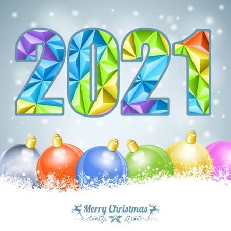 Merry Christmas and New Year Card with Triangle Number 2021, Deer and Bauble. Vector Template for Cover, Flyer, Brochureのイラスト素材