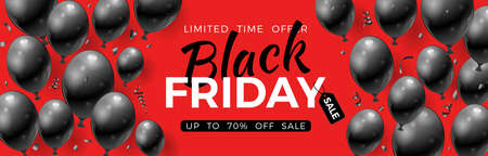 Black Friday Sale banner with glossy black balloons, tag and confetti. Design for black friday sale flier. Realistic  illustration on red backgroundのイラスト素材