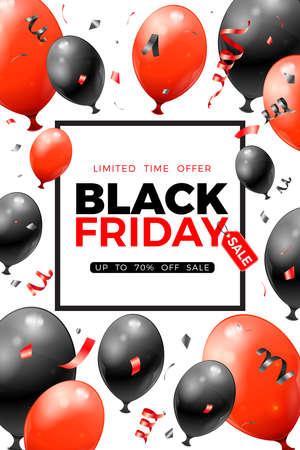 Black Friday Sale Poster with glossy red and black balloons, tag and confetti. Design for black friday sale flier. Realistic  illustration on white backgroundのイラスト素材