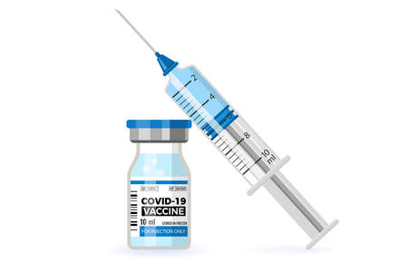Covid-19 coronavirus vaccine bottle and syringe injection. Treatment for coronavirus covid-19. Isolated vector illustrationのイラスト素材