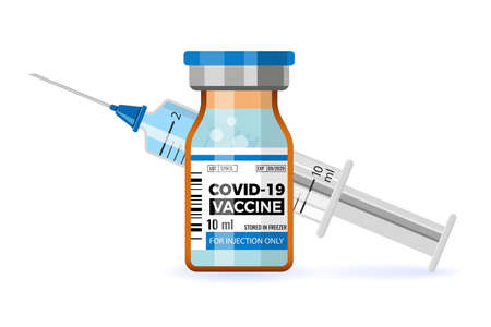 Covid-19 coronavirus vaccine. Syringe and vaccine vial flat icons. Treatment for coronavirus covid-19. Isolated vector illustrationのイラスト素材