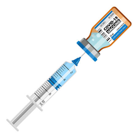 Covid 19 coronavirus vaccine. Disposable medical syringe with a bottle of coronavirus vaccine. Covid-19 corona virus vaccination with vaccin vial and syringe. Isolated vector illustrationのイラスト素材