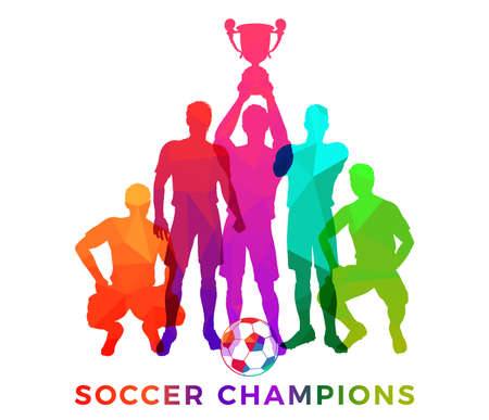 Silhouettes of soccer players with ball. Team soccer champions in decoration triangle mosaic pattern. Football players posing with trophy cup. Isolated vector illustrationのイラスト素材