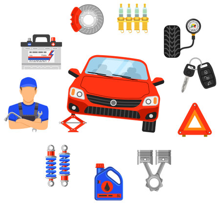 Car Service and Assistance Concept with Flat Icons Mechanic and Car Tools. Vector illustration.のイラスト素材
