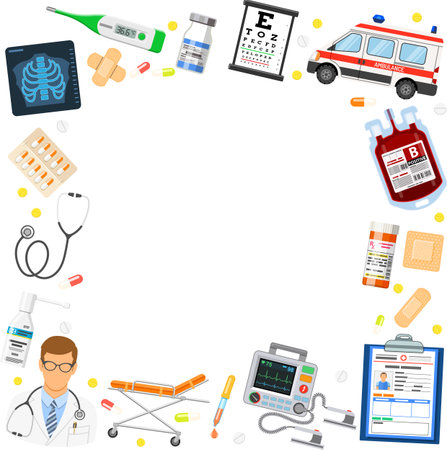 Medical Services Banner and Frame with flat icons doctor, blood container, medical card, ambulance and medications. isolated vector illustrationのイラスト素材